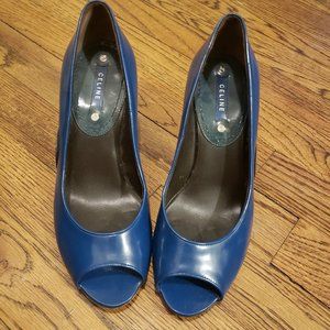 Celine Petrol Blue Peep Toe Heels Pumps